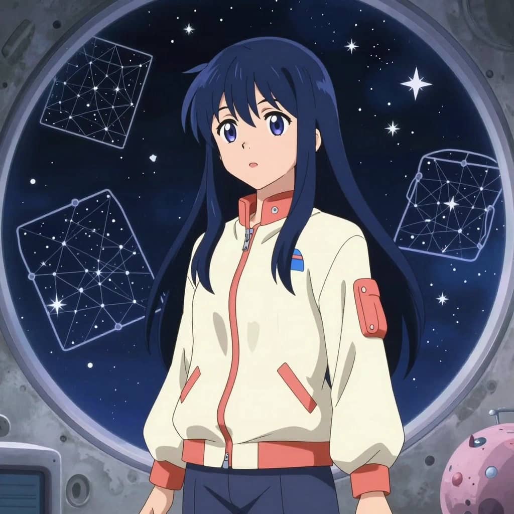 AI-generated anime adult astronomer with blue hair inside a circular moon observatory
