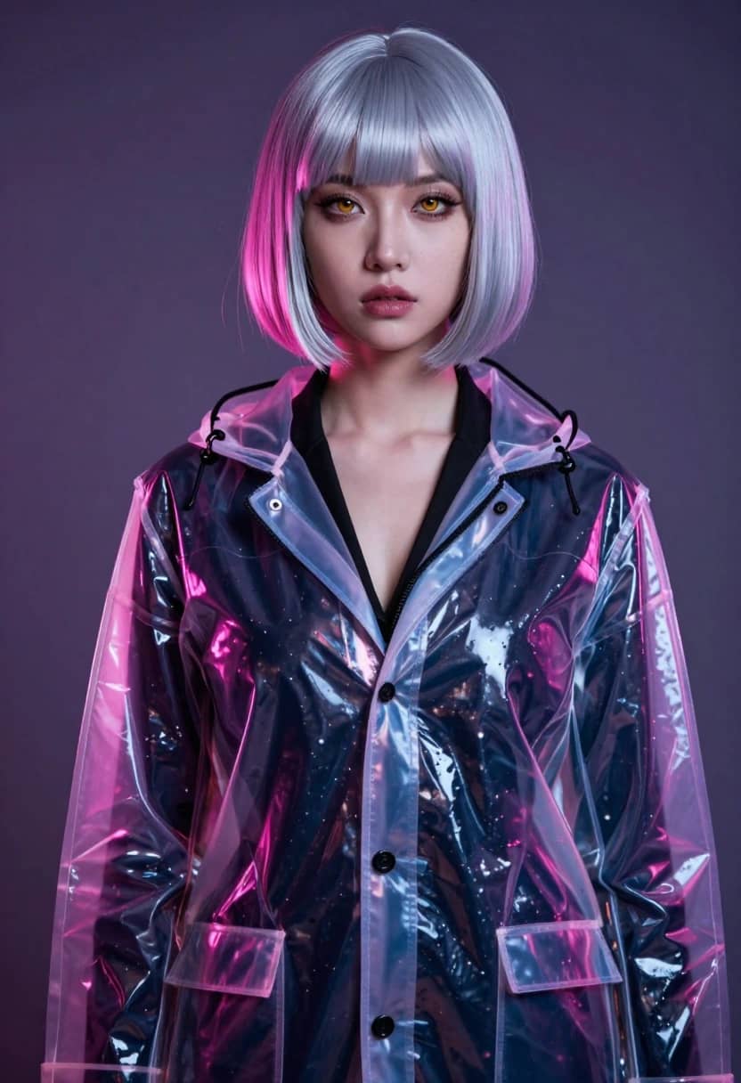 AI-generated adult cyberpunk woman with silver bob hair and a translucent pink raincoat