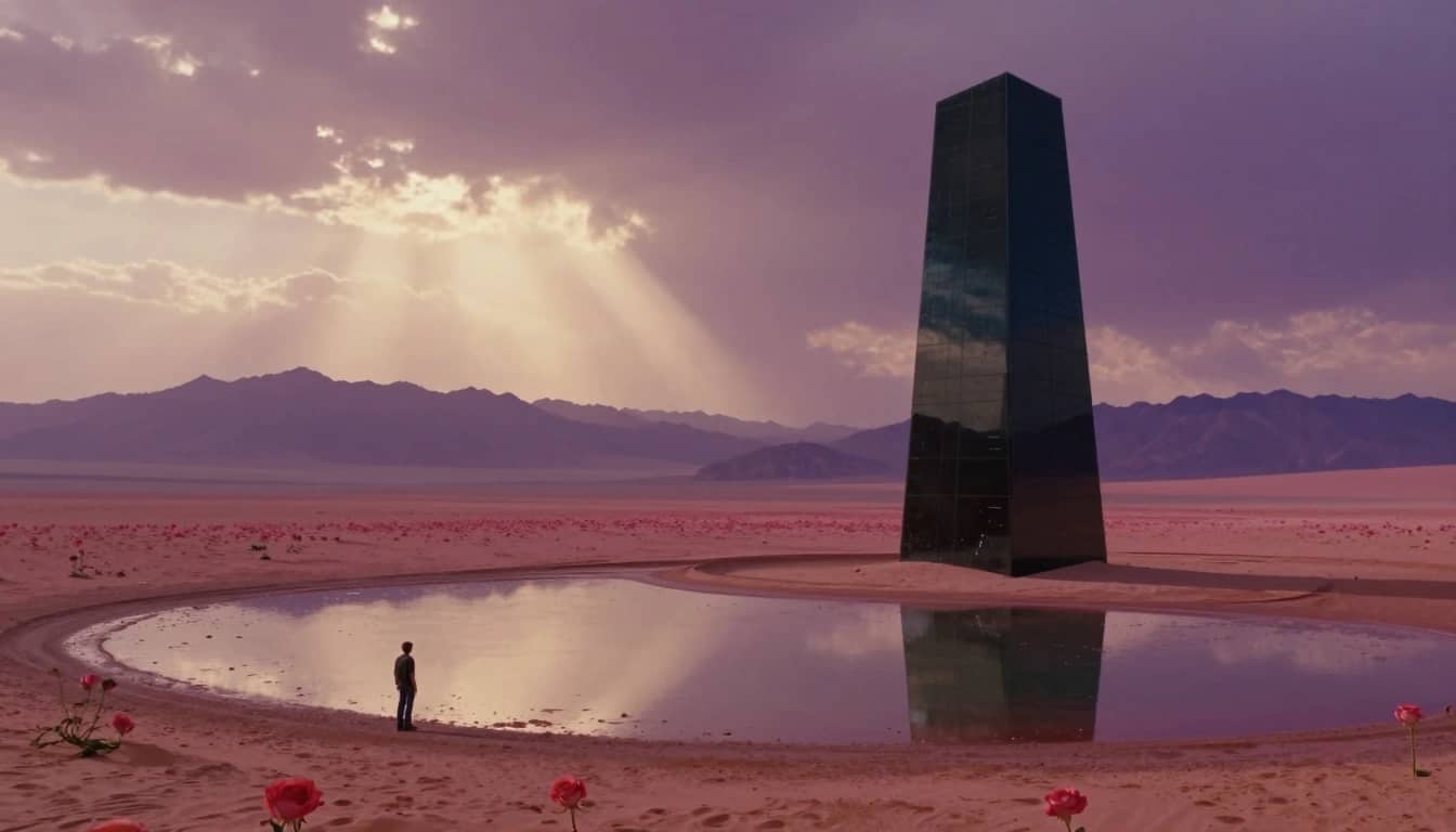 AI-generated cinematic rose desert with a black monolith and reflective pool