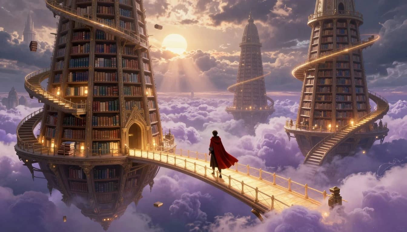 AI-generated fantasy library towers floating above lavender clouds at sunrise