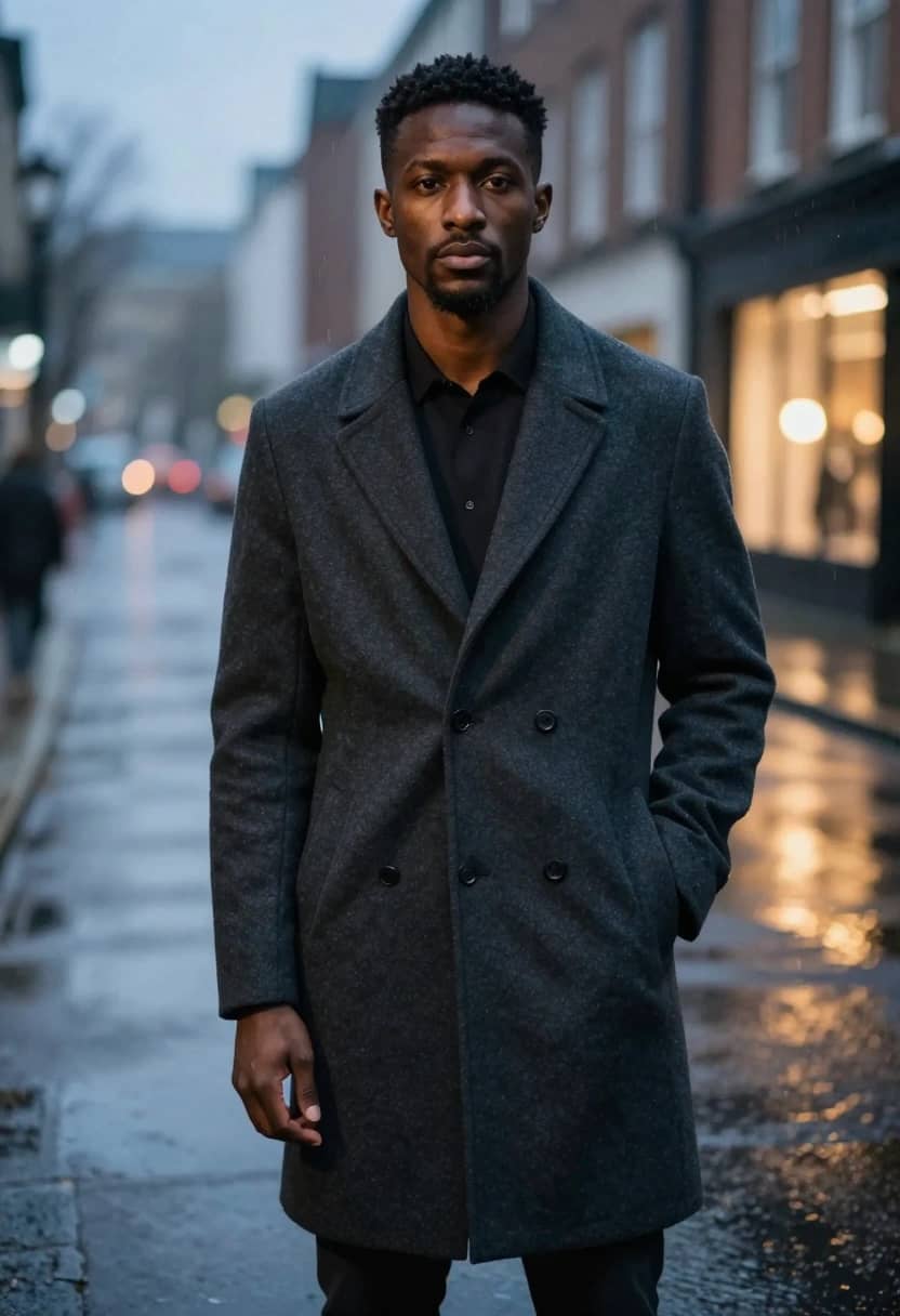 AI-generated photorealistic adult man in a charcoal coat on a rain-washed street