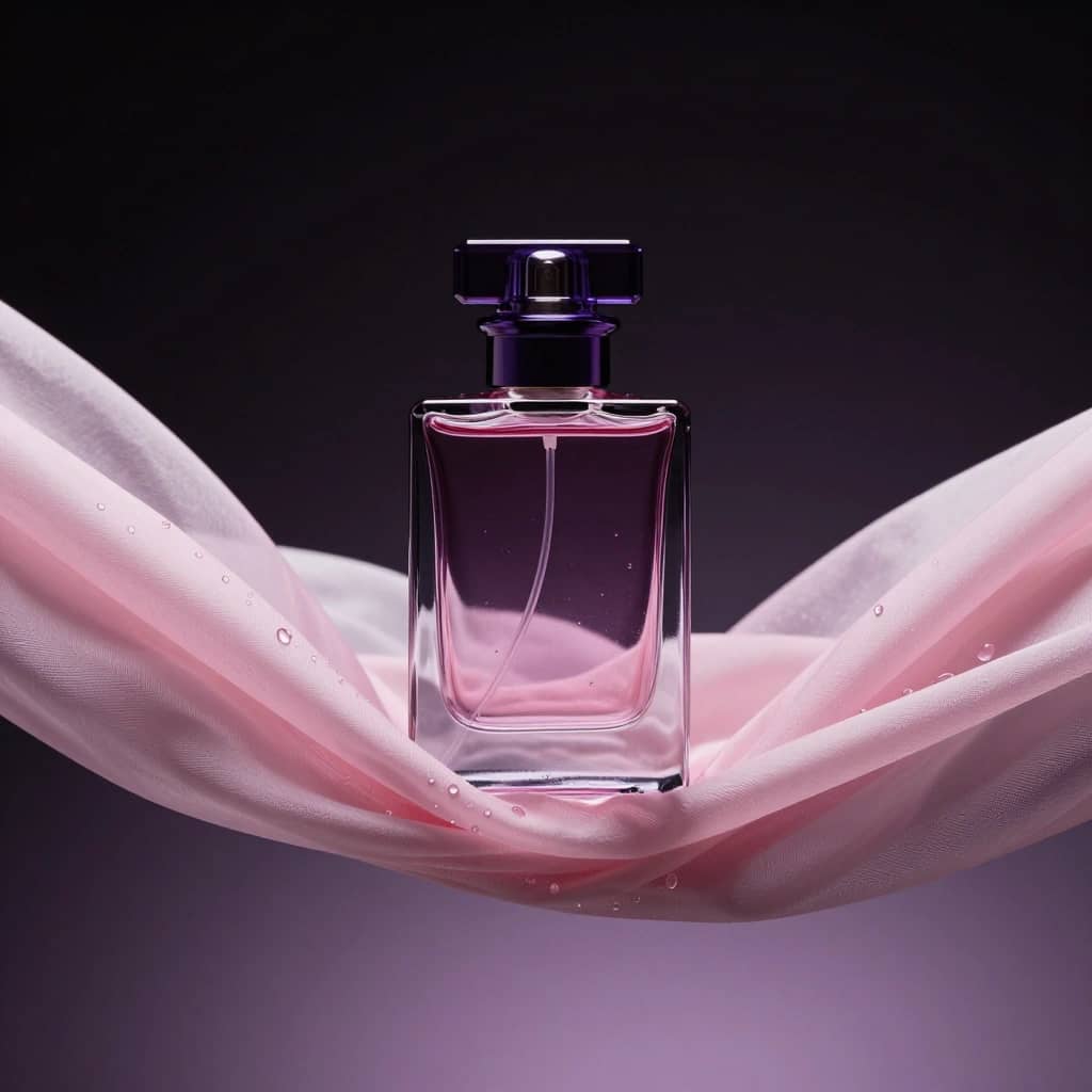 AI-generated unbranded violet perfume bottle on translucent pink fabric