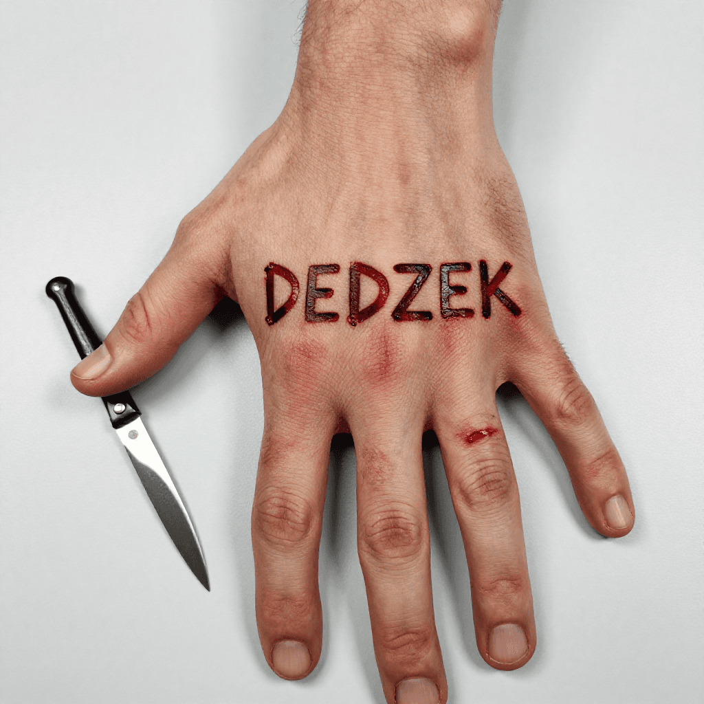 сгенерируй фотографию руки вблизи, на кторой изображена рука с надписью DEDZEK, вырезанной лезвием, лезвие лежит рядом и немного запачкано кровью, надпись тоже очень много крови, надпись находится на предплечье, с внешней стороны, должно быть много свежей крови