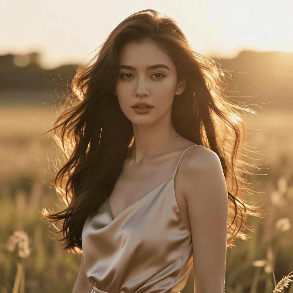A high-end digital painting of a woman with long, voluminous flowing hair captured in a close-up portrait. She is looking directly at the viewer with a confident, inviting gaze. She wears a minimalist, elegant sleeveless silk dress. Lighting: Intense golden hour backlighting creating a brilliant rim-light "halo" through her strands. Background: A hazy, sun-drenched meadow blurred into a soft bokeh. Style: A fusion of Makoto Shinkai’s atmospheric lighting and hyper-realistic skin textures. Warm amber tones, ethereal atmosphere, 8k resolution, cinematic composition.