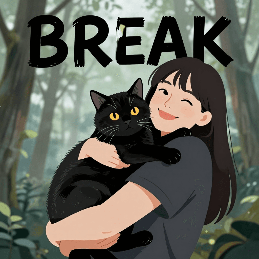 Semi-realism, ma1ma1helmes_b_illu, (1girl, solo, masterpiece, best quality, very aesthetic, amazing quality, absurdres, newest, simple background), BREAK, frieren, smiling, holding cat, black cat, forest,out of frame, upper body, close up, looking at viewer, dynamic angle, from below, from side, relaxing