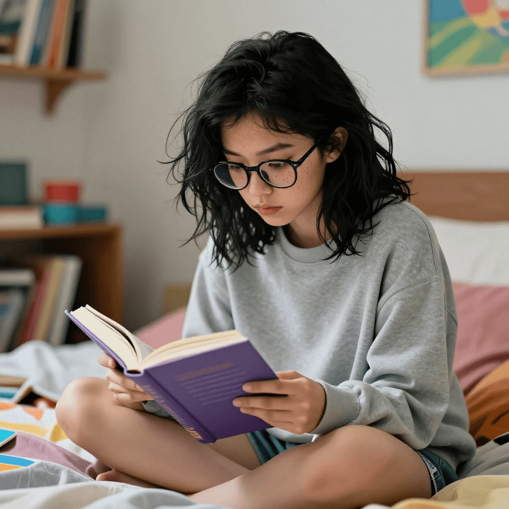 masterwork, masterpiece, best quality, (masterpiece:1.2), (best quality:1.2), (very aesthetic:1.2), (absurdres:1.2), high detail, high contrast, real background, smooth shading, colorful depth, masterful shading, dak depth, shallow depth of field, forshortening, ANIRLEQ, blurry, chromatic aberration, 2dreal, photo background, film grain, blurry background, impressionism, depth of field, rellahuafeng, Sinozick_illu,gradient,spot color, 1girl, (black medium hair, messy hair, freckles, glasses, tan skin, lips, dark brown eyes), relaxing in her bed, messy bedroom, cute bedroom, reading a book, looking down, reading, shorts, bare legs, long sleeve sweatshirt, (beautiful detailed eyes:1.2), natural lighting, (depth of field:1.1), blurred background, detailed background, natural colors, soft colors, anime coloring,