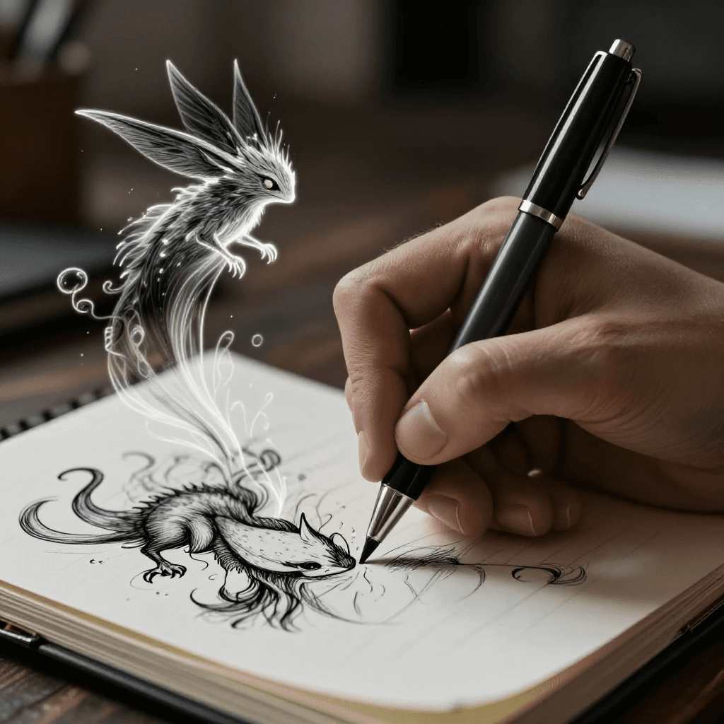 Close-up view of a hand mid-sentence, writing in a tattered notebook, while the written ink transforms into delicate, shimmering sketches of fantastical creatures. Surreal, high-contrast detail on the hand and pen, glowing outlines escaping into the air, background blurred to focus on transformation, quiet mystery in the lighting, stylized with fine, precise linework and haunting surrealism