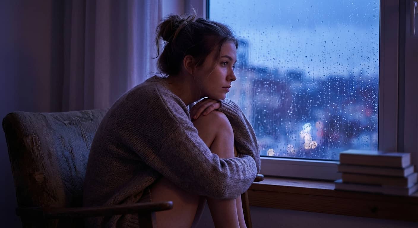 一個人獨自坐在黃昏時分被雨水打濕的窗邊,沉思著孤獨與寂寞