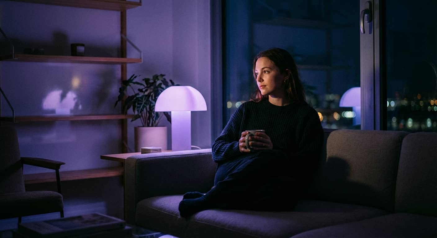 在深紫藍色環境光下沉思地看著手機的人——AI 女友安全嗎