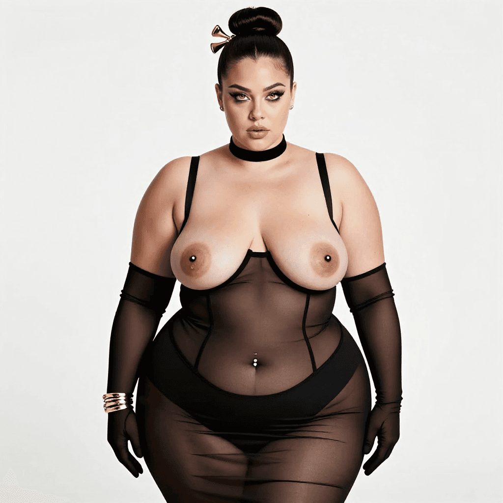 masterpiece,best quality,amazing quality, absurdres,<lora:Chappell_Roan_Dress_ilxl_goofy:0.8> chappellRoanGrammyDress, nipple piercing dress, see-through dress, white background, 1girl, arm strap, black choker, black dress, breasts, dress, gloves, gold, hair bun, hair ornament, huge breasts, covered navel, single elbow glove, thighs, wide hips, yellow eyes